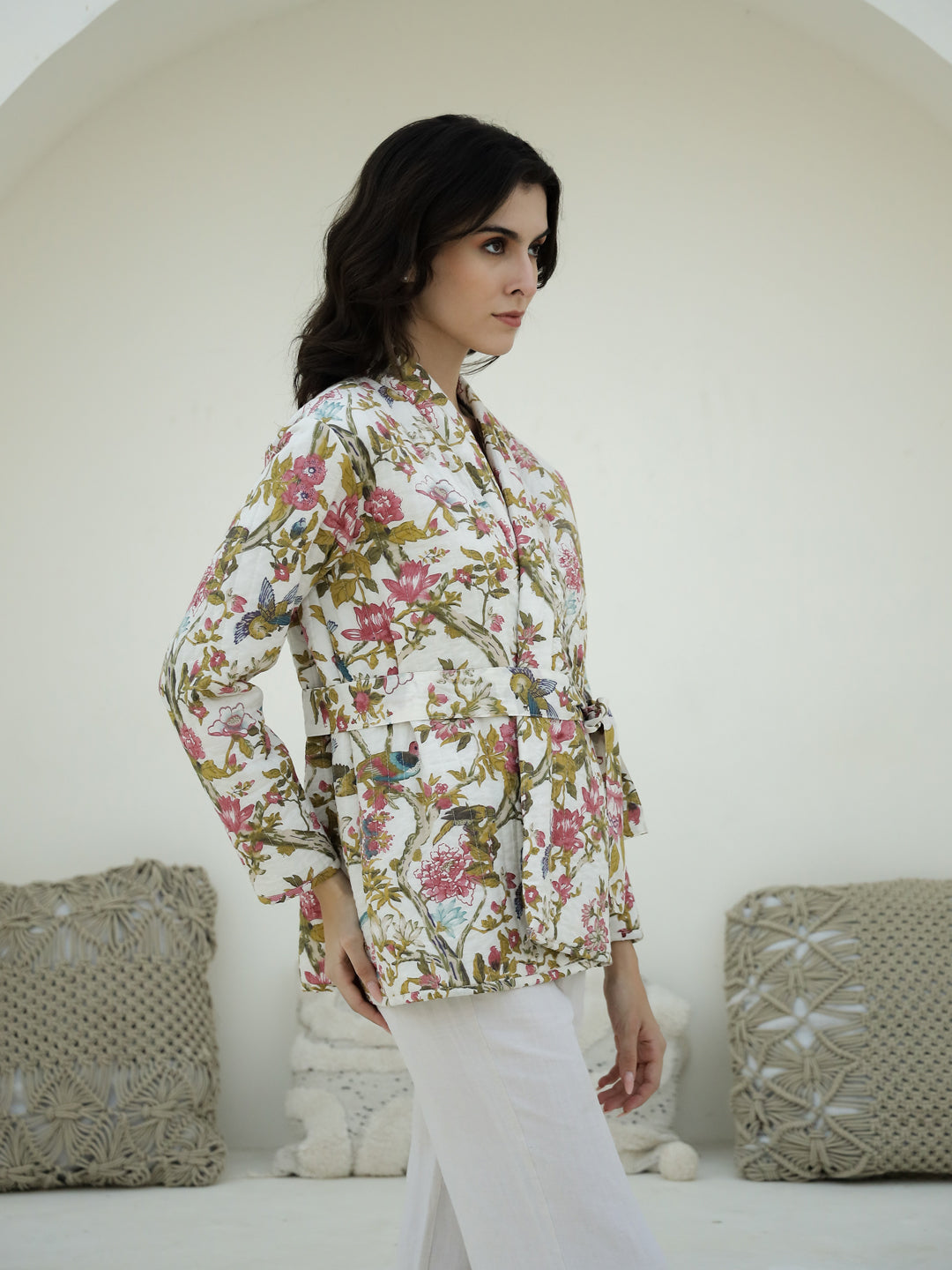 Floral Printed V-Neck Quilted Jacket for Women - SanskrutiHomes 