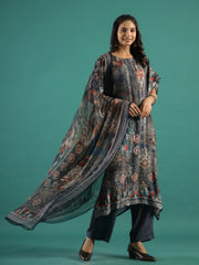 Printed Silk Blend Kaftan Kurta with Trouser & Dupatta Set