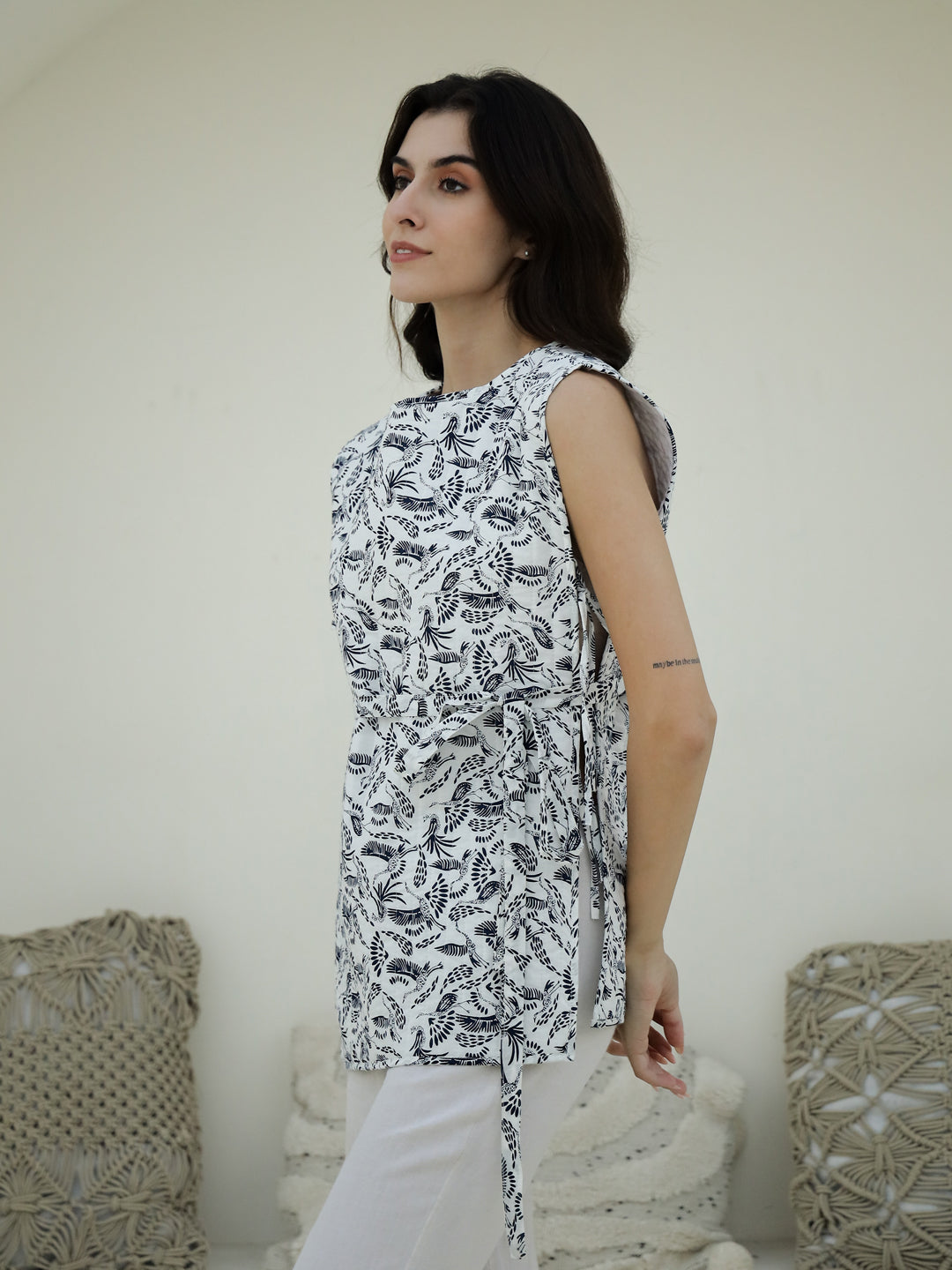 White Color Bird Printed Quilted Jacket For Women