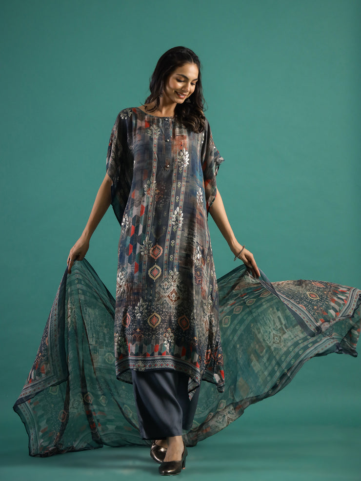 Printed Silk Blend Kaftan Kurta with Trouser & Dupatta Set