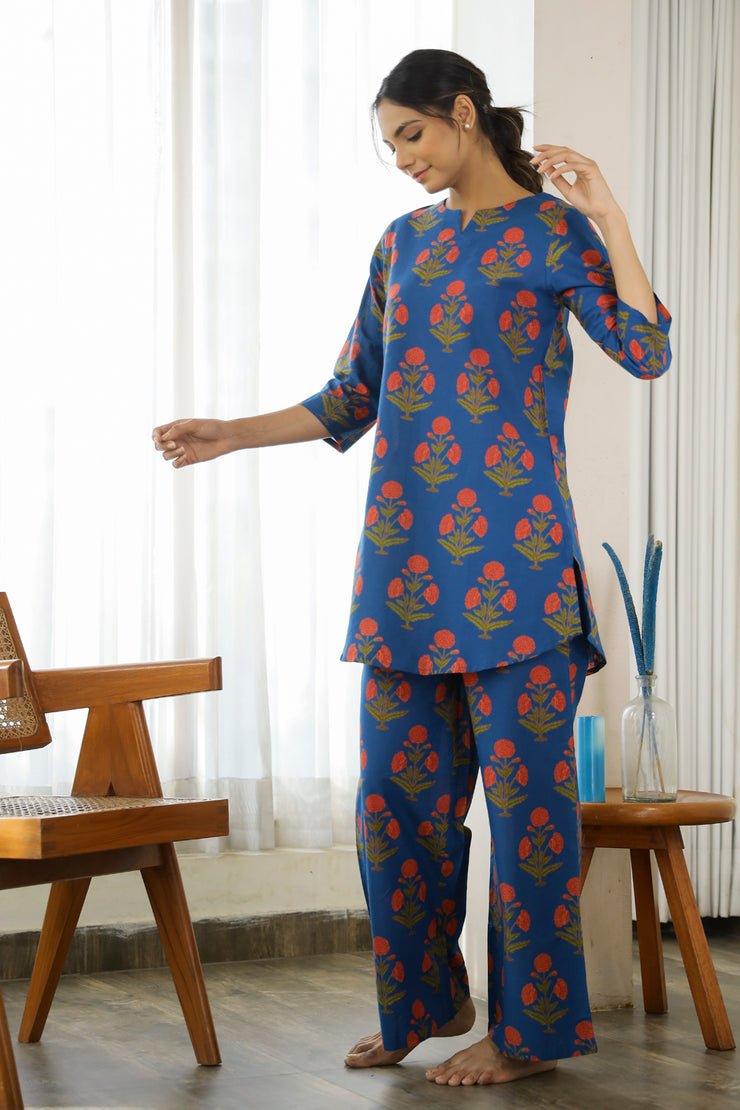 Blue Printed Cotton Loungewear Set