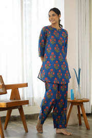 Blue Printed Cotton Loungewear Set