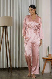 Pink Satin 3Pcs. Night Suit Set