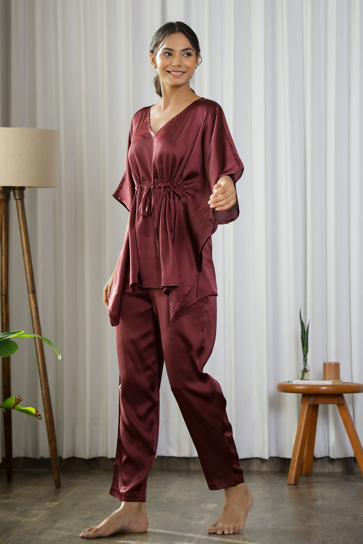 Wine Satin Kaftan Set