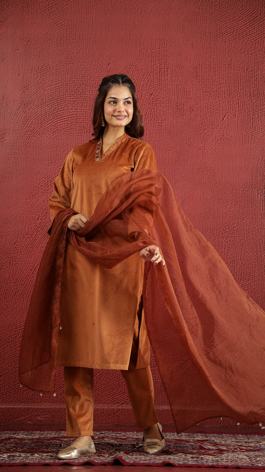 Orange Solid Velvet Kurta set with Dupatta
