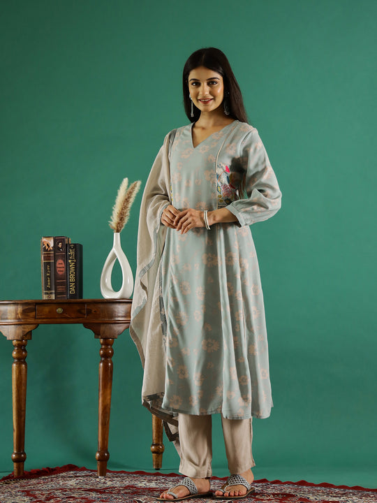 Blue V-Neck Floral Printed Kurta Set