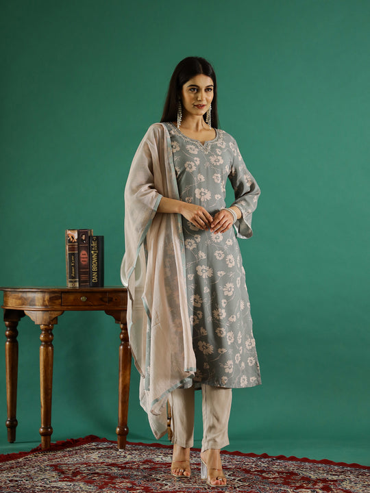 Gray Color Round Neck Printed Kurta Set