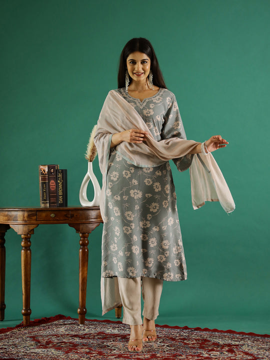 Gray Color Round Neck Printed Kurta Set