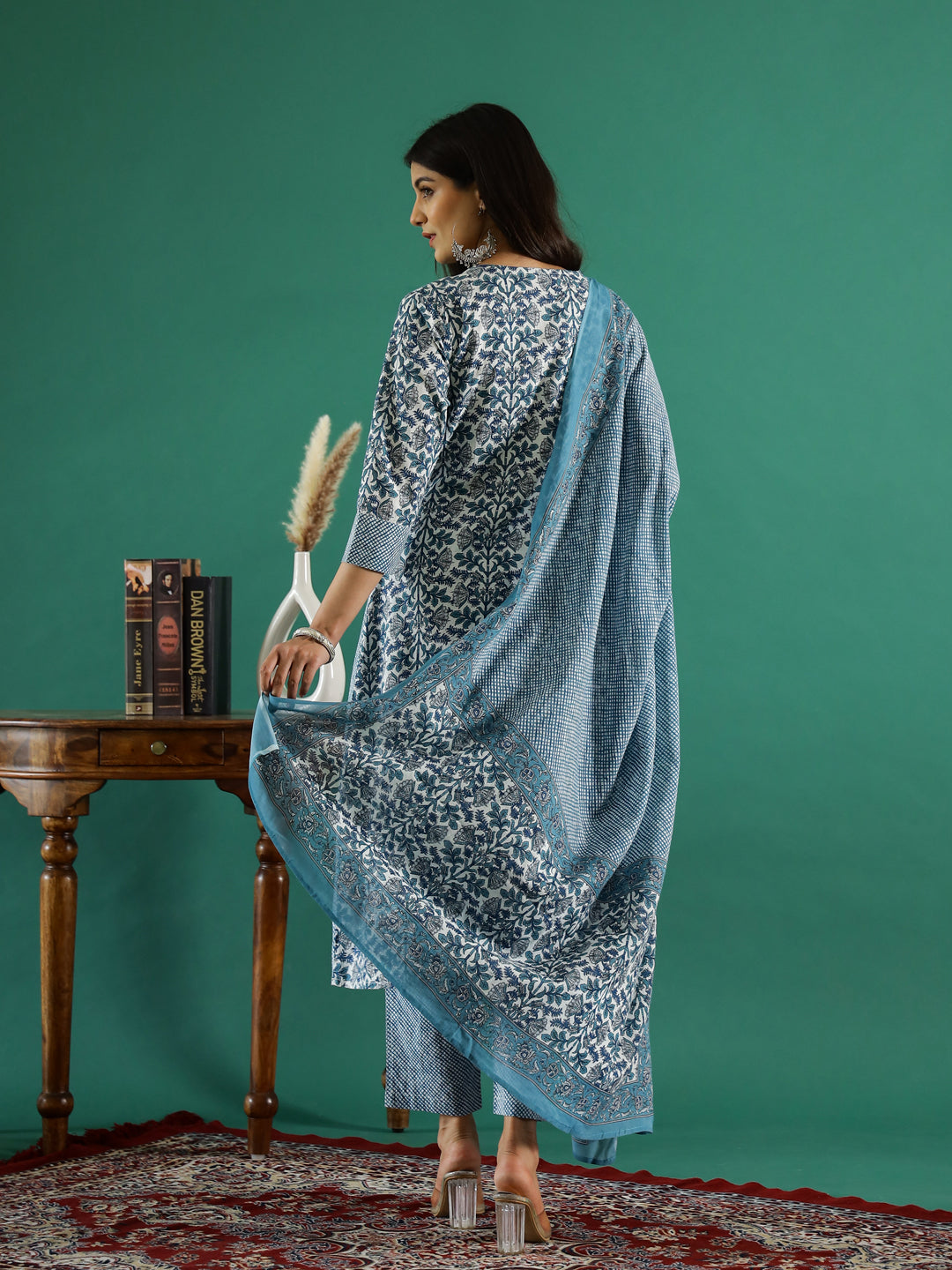 Set of 3 Blue Flower Printed Kurta Set with Dupatta
