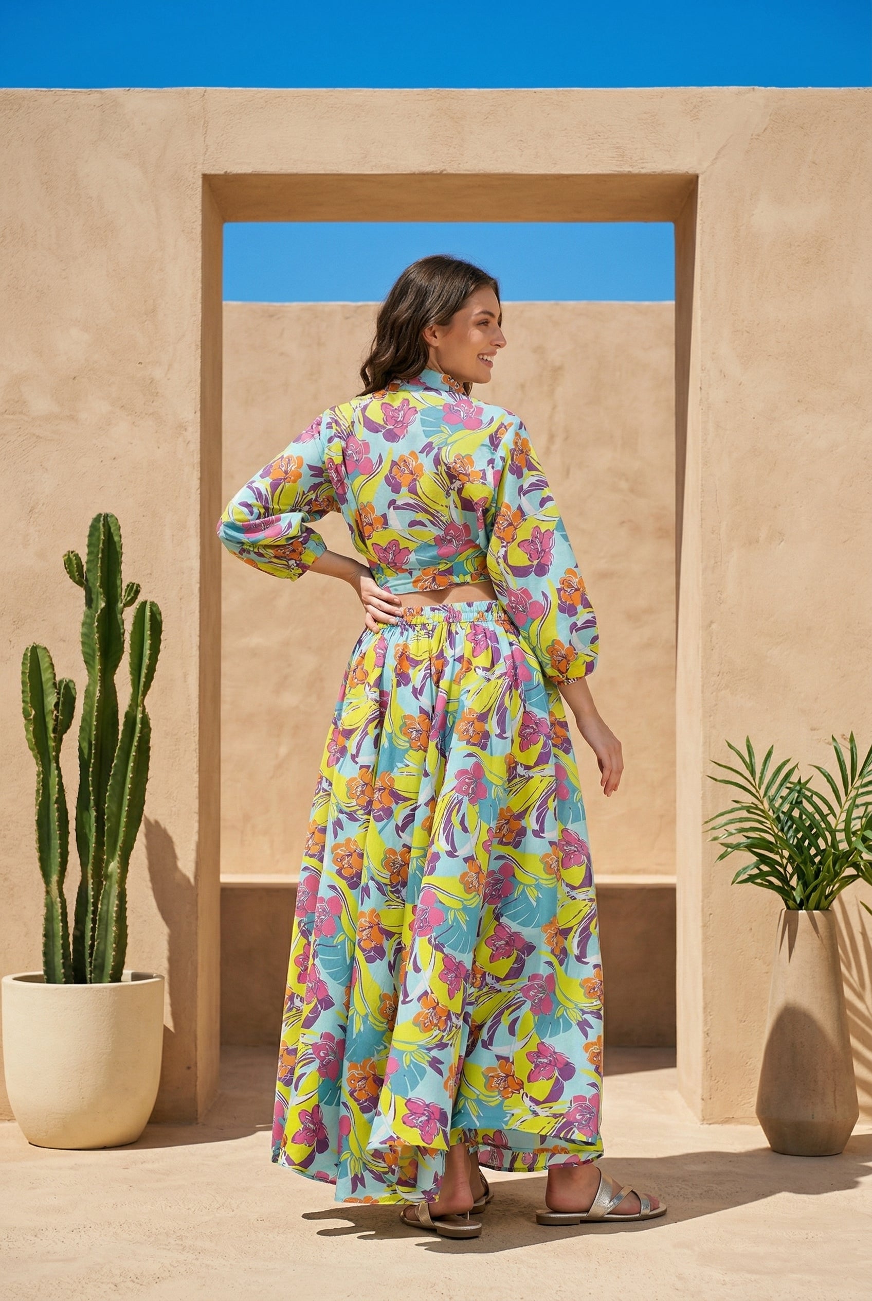 Green V-Neck Floral Print Pure Cotton Co Ord Set For Women