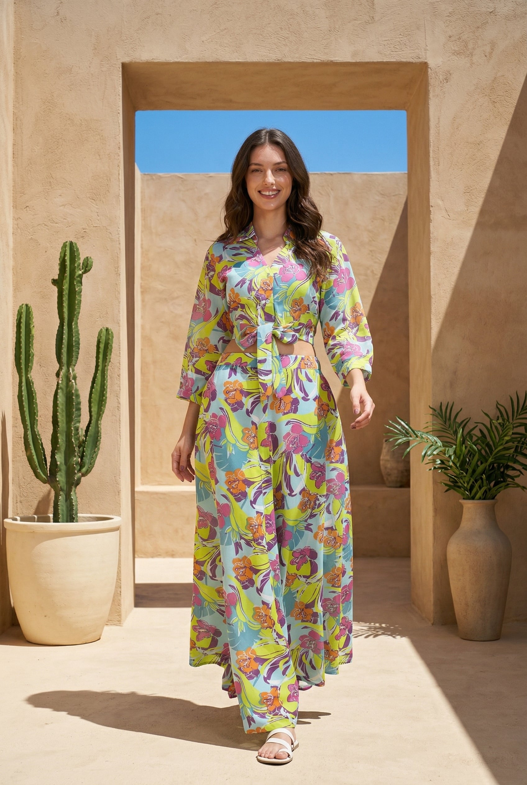 Green V-Neck Floral Print Pure Cotton Co Ord Set For Women