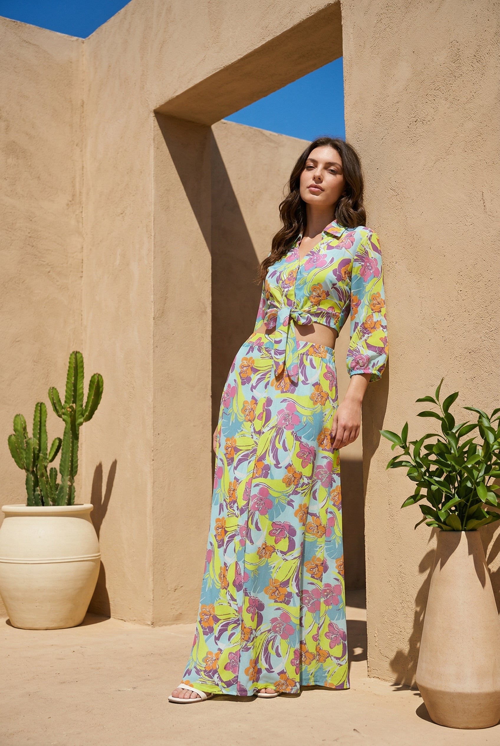 Green V-Neck Floral Print Pure Cotton Co Ord Set For Women