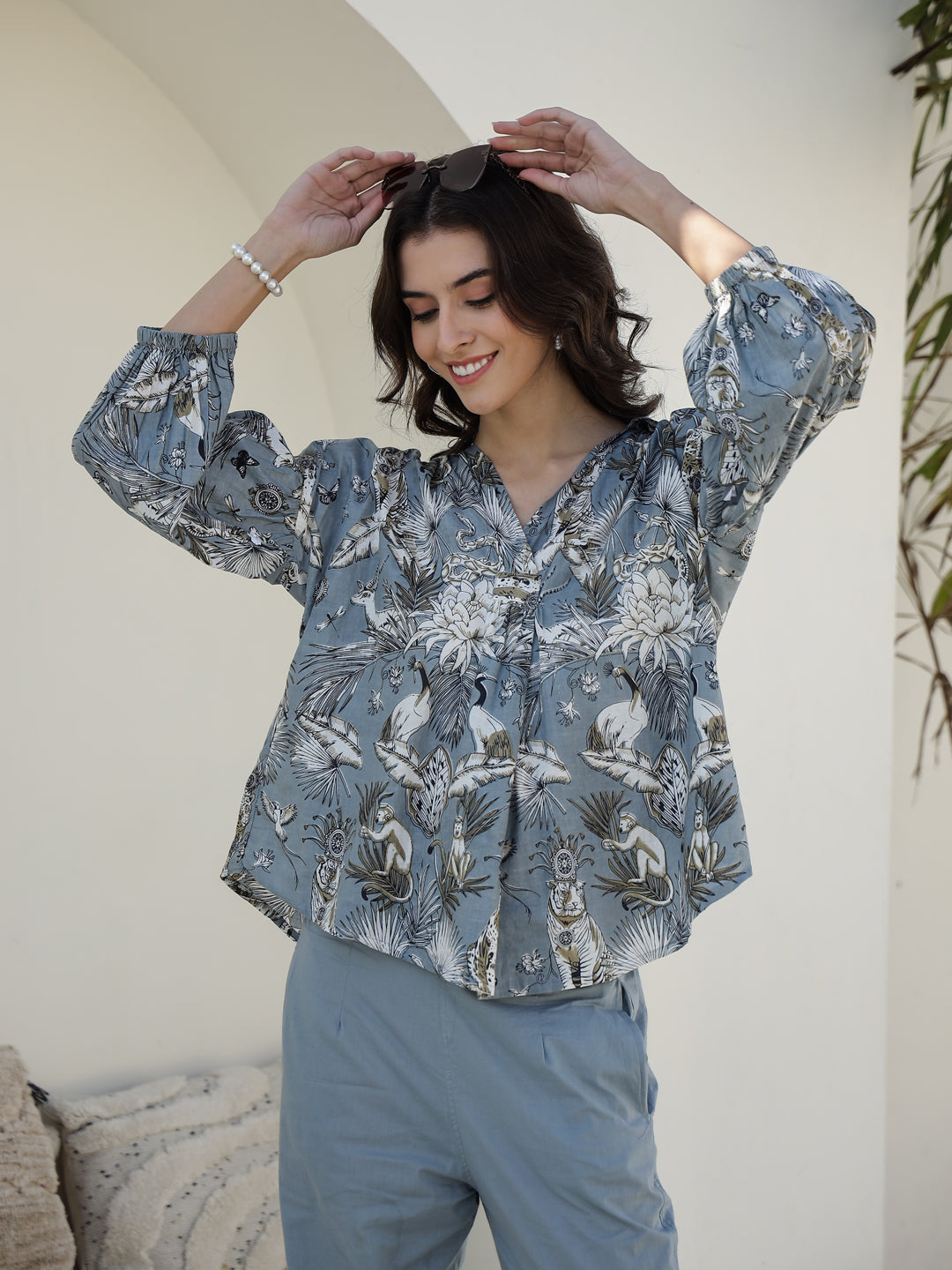 Printed Pure Cotton Mandarin Collar Neck Top & Trouser Co-Ords - SanskrutiHomes 