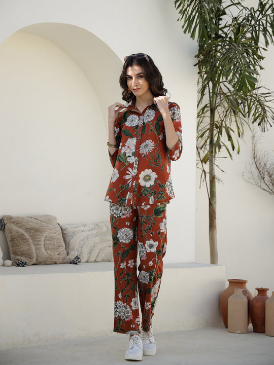 Brown Floral Printed Cotton Night Suit