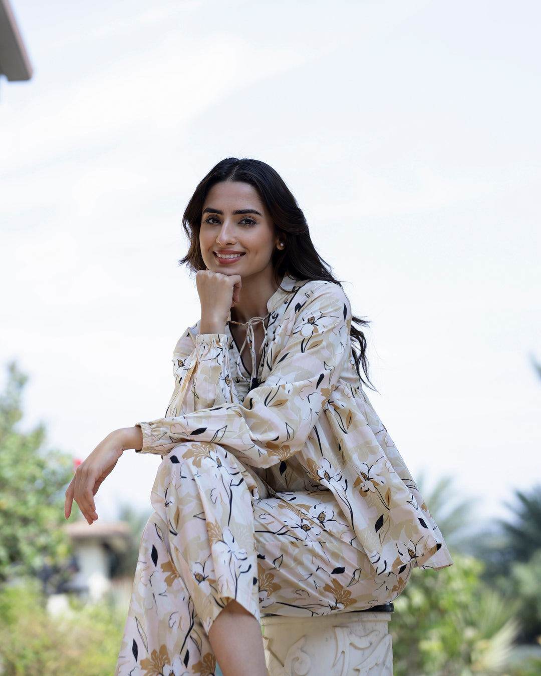 Printed Pure Cotton Mandarin Collar Neck Top & Trouser Co-Ords - SanskrutiHomes 