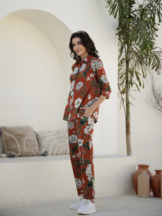 Brown Floral Printed Cotton Night Suit