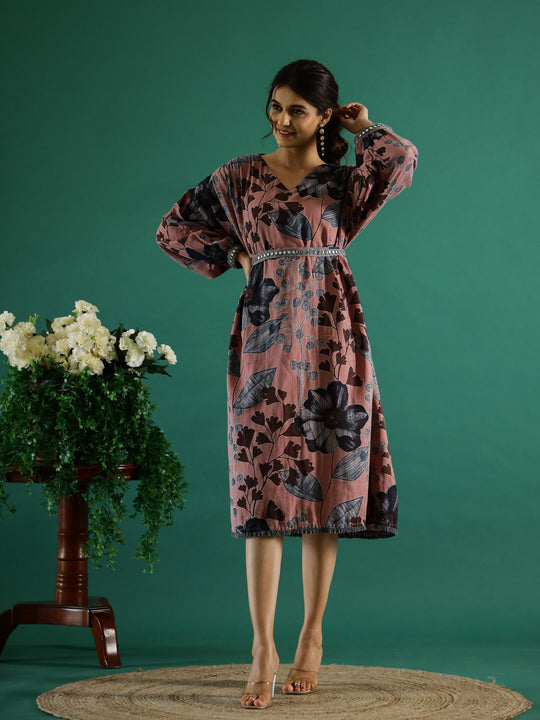 Brown Floral Printed Dress for Women