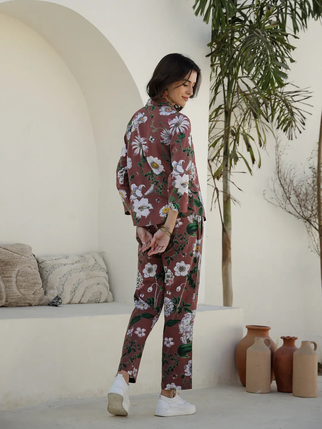 Brown Floral Printed Cotton Night Suit for Women - SanskrutiHomes 
