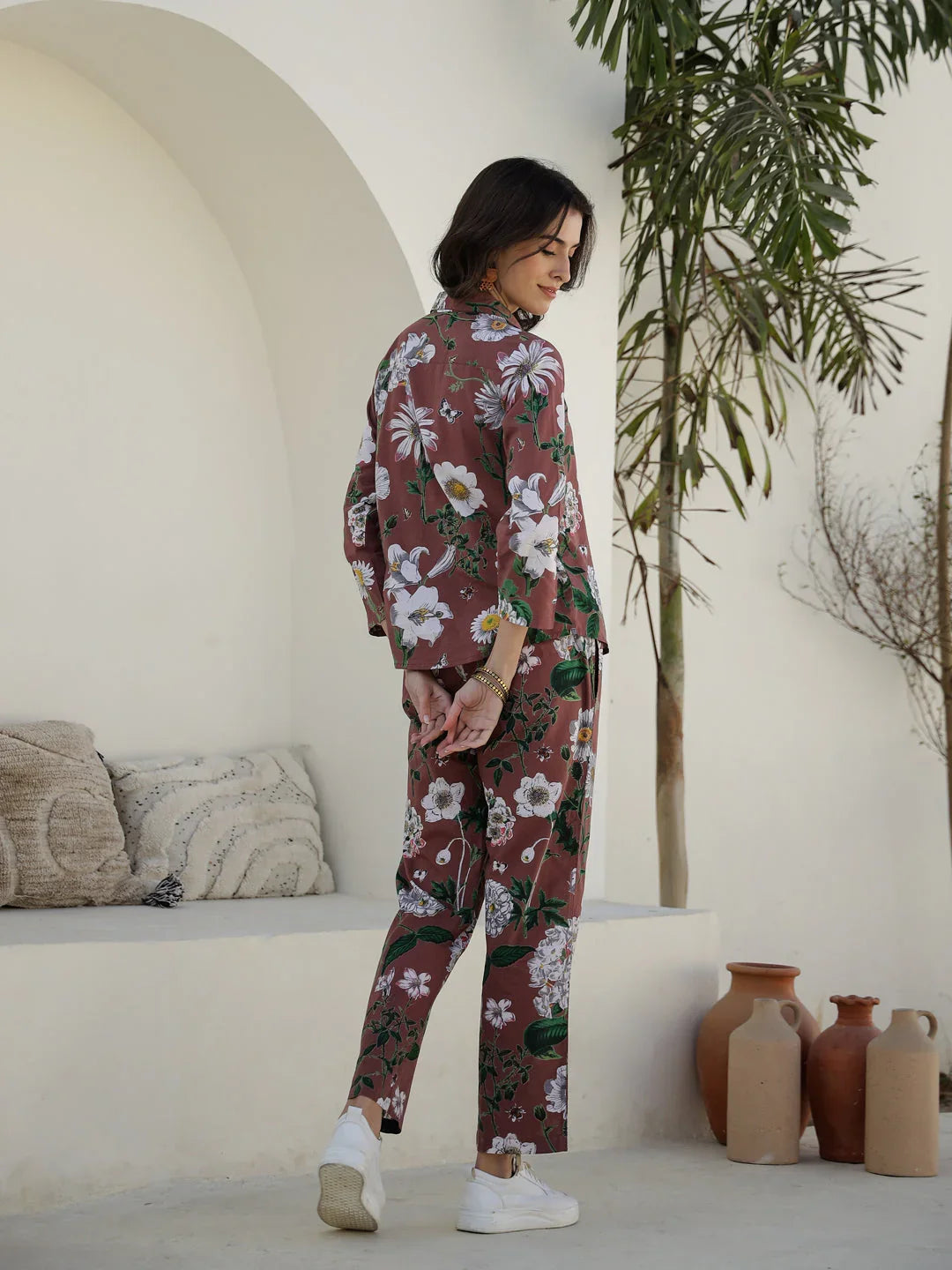 Brown Floral Printed Cotton Night Suit for Women - SanskrutiHomes 