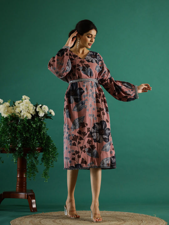 Brown Floral Printed Dress for Women