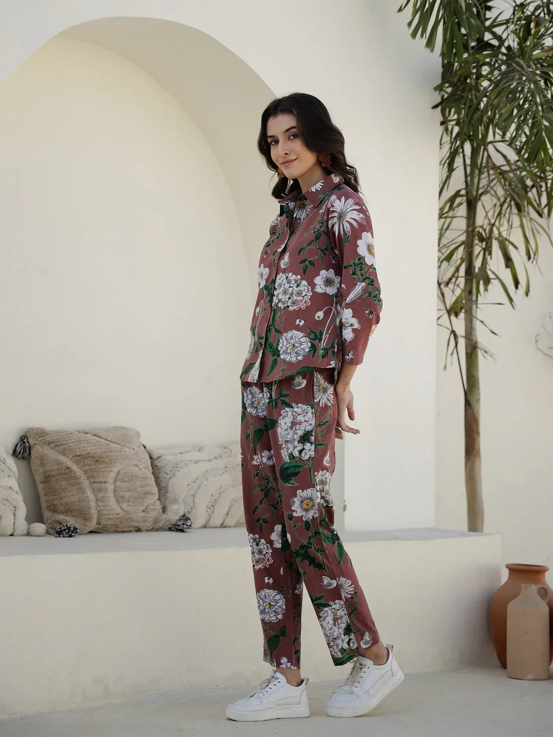 Brown Floral Printed Cotton Night Suit for Women - SanskrutiHomes 