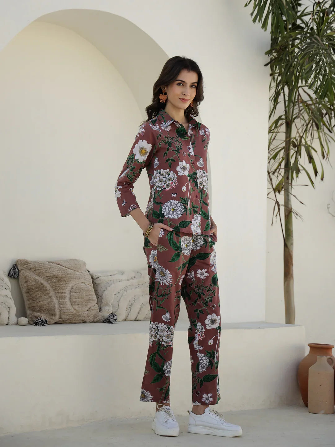 Brown Floral Printed Cotton Night Suit for Women - SanskrutiHomes 