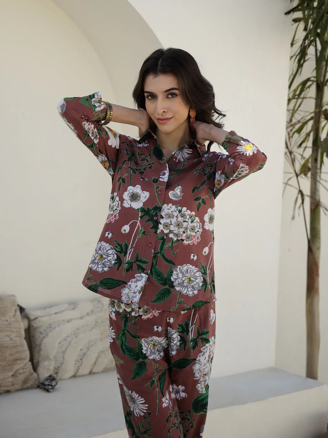 Brown Floral Printed Cotton Night Suit for Women - SanskrutiHomes 