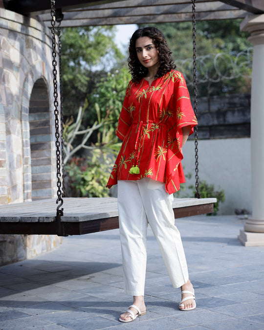 Red Pure Cotton Kaftan Set