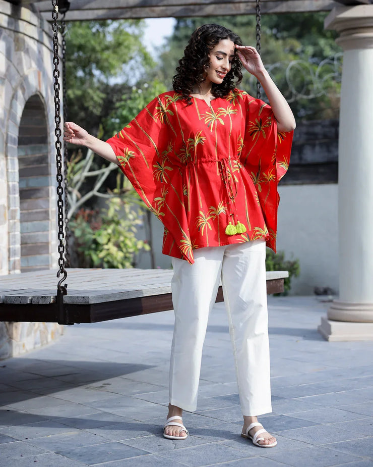 Red - Jacquard Kantha Mosaic Fusion Cotton Kaftan (Short) 45