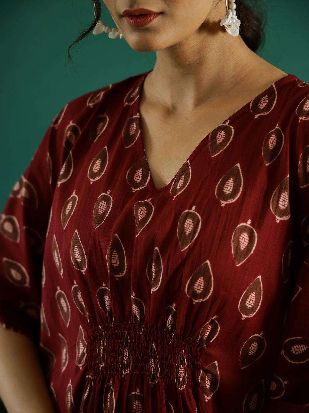 Printed Red Kaftan V-Neck Dress