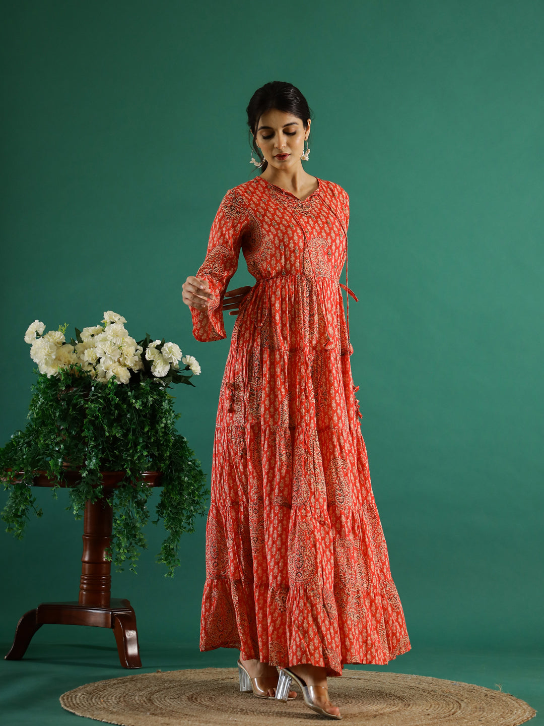Orange Printed Round Neck Dress For Women
