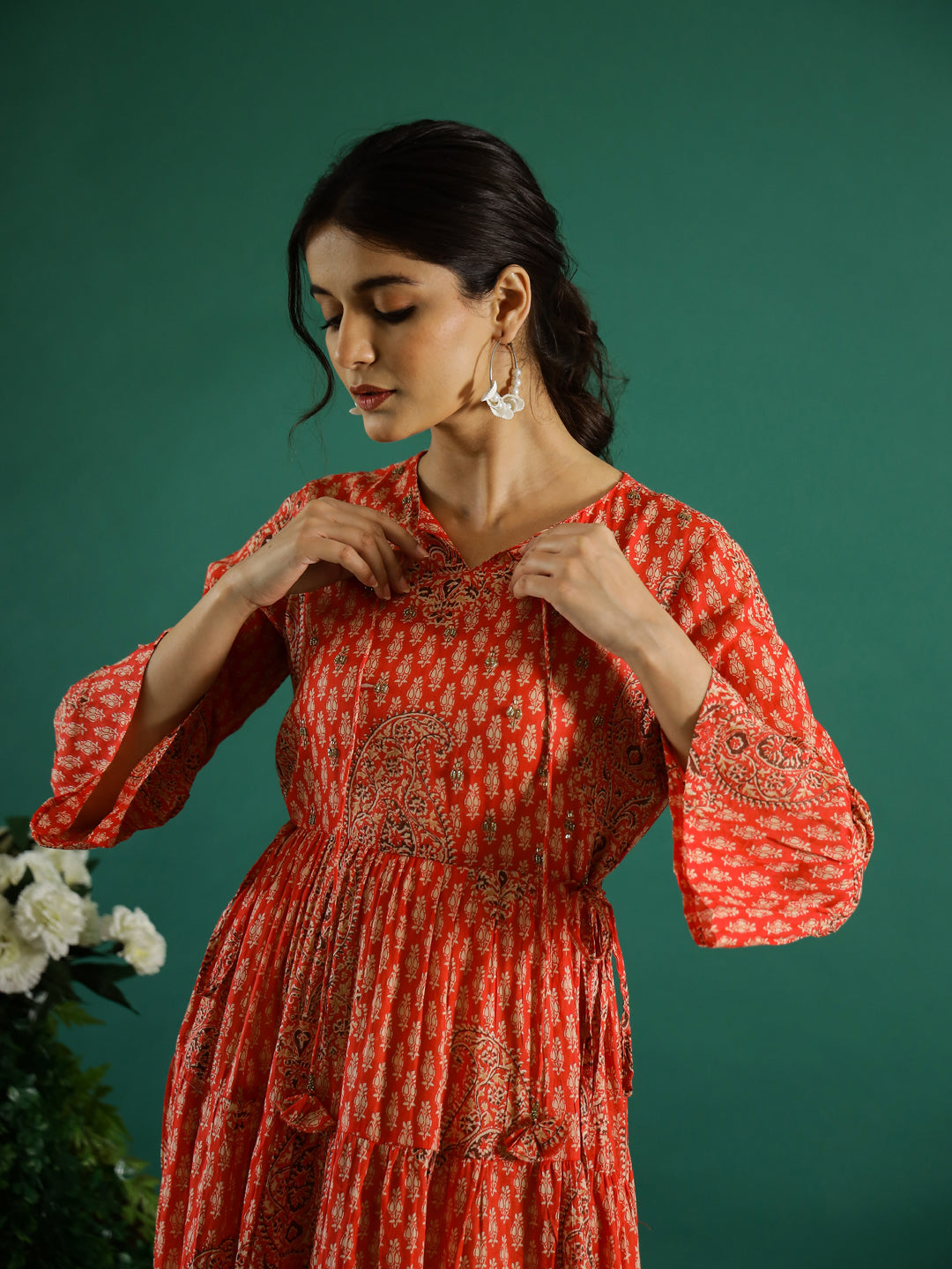 Orange Printed Round Neck Dress For Women
