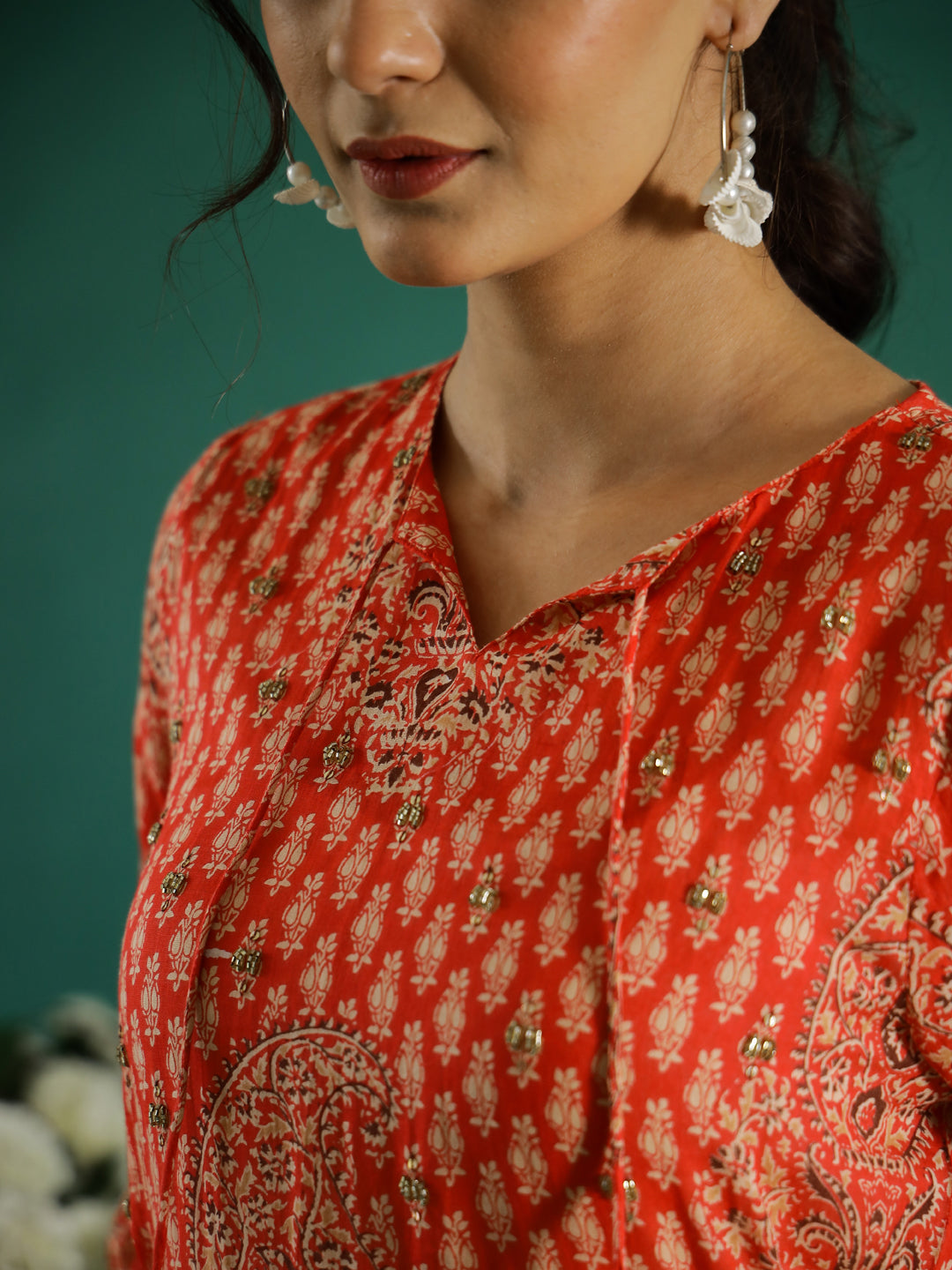 Orange Printed Round Neck Dress For Women