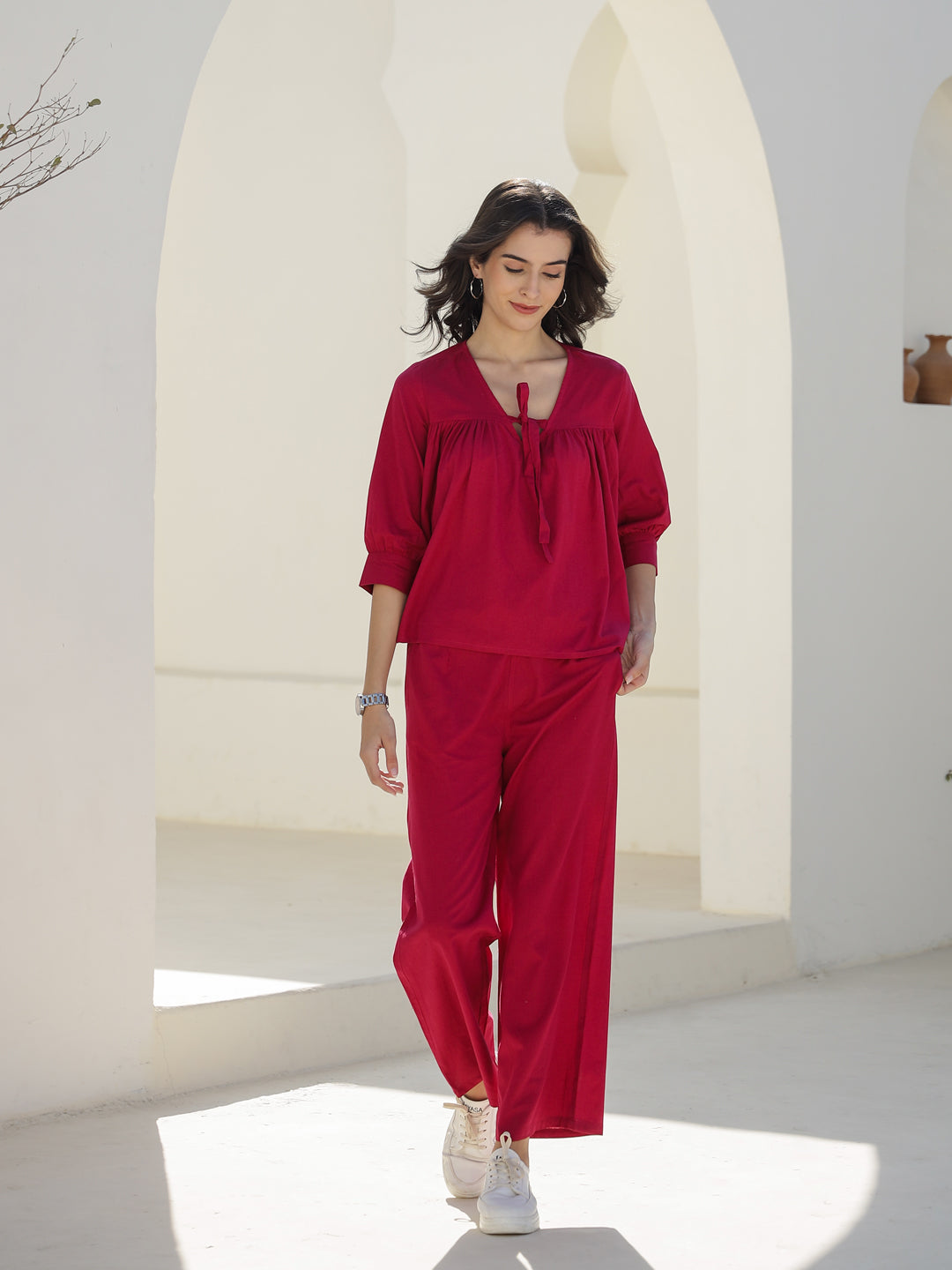 Pink Solid Print V-Neck Co-Ords Set