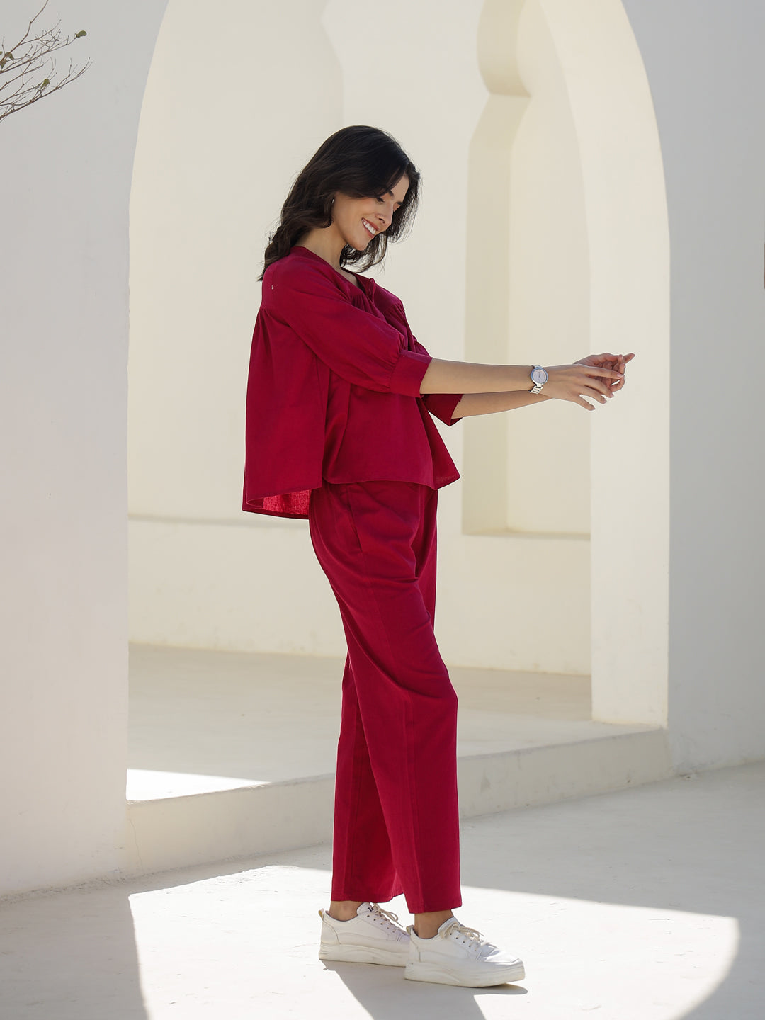 Pink Solid Print V-Neck Co-Ords Set