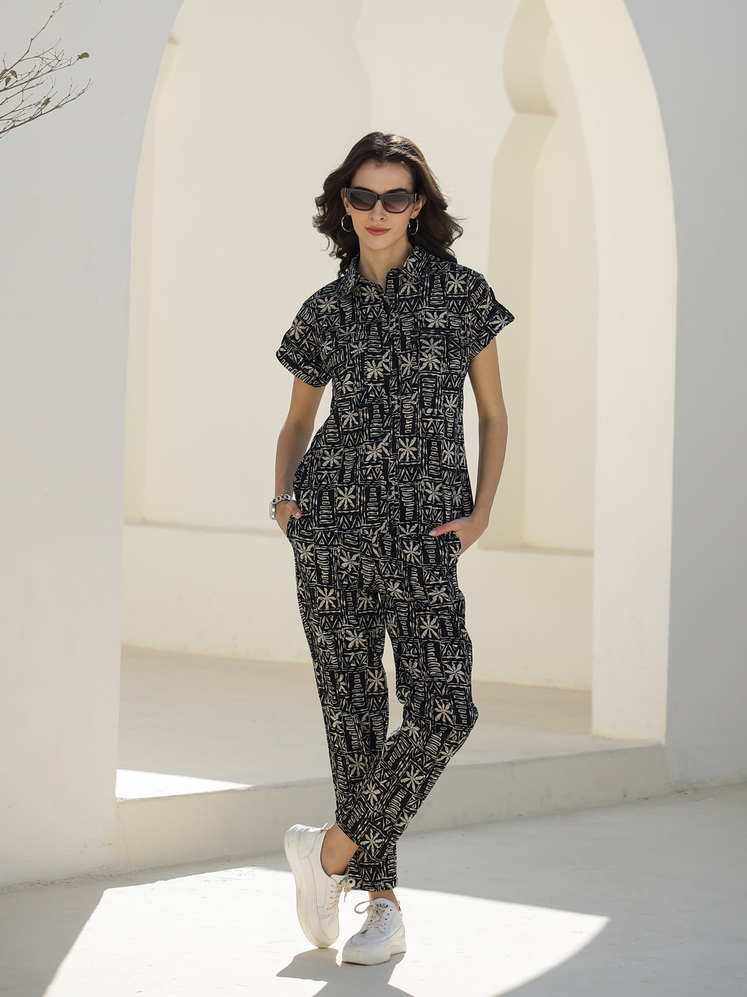 Black Floral Printed Cotton Night Suit