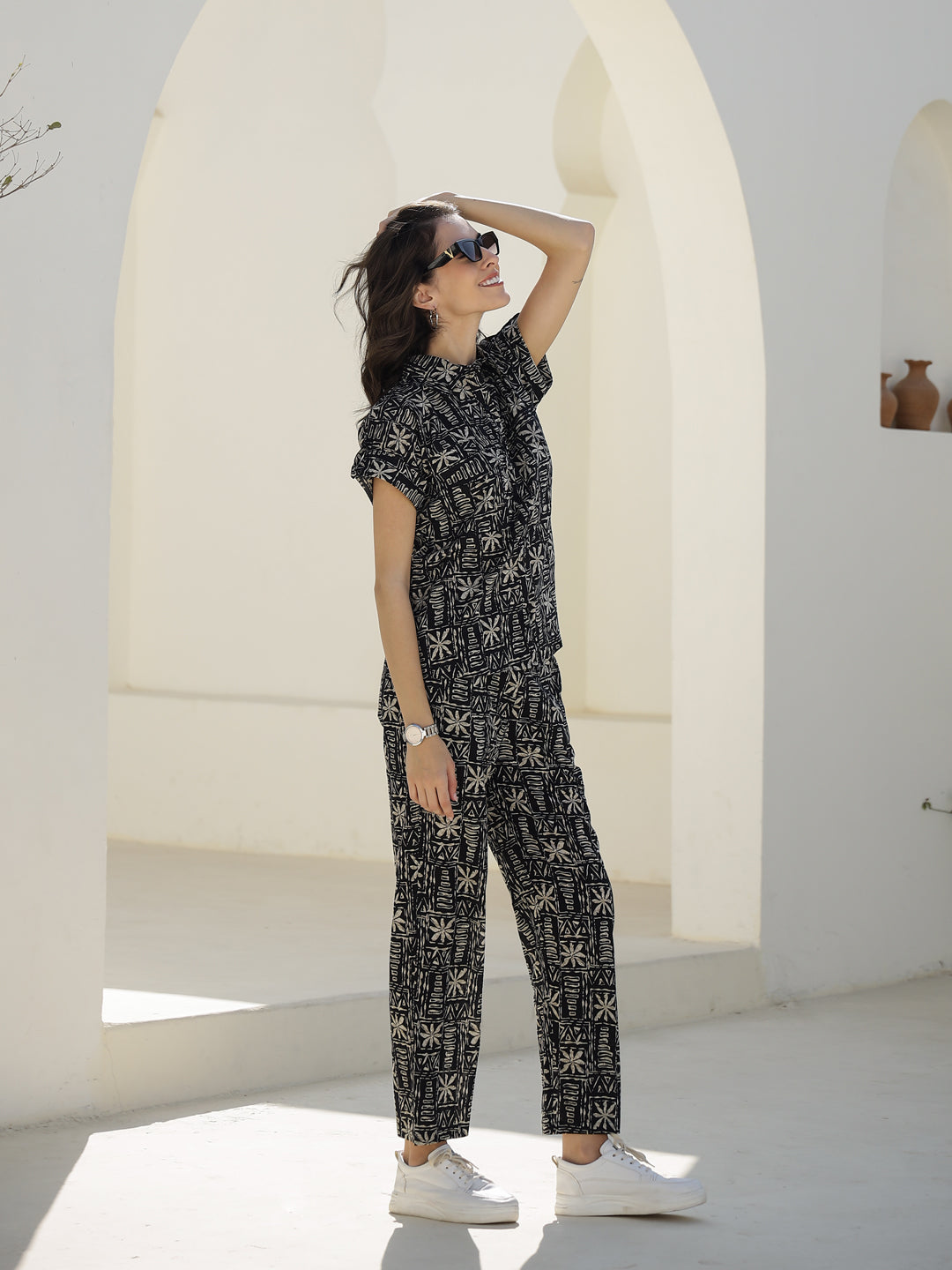 Black Floral Printed Cotton Night Suit