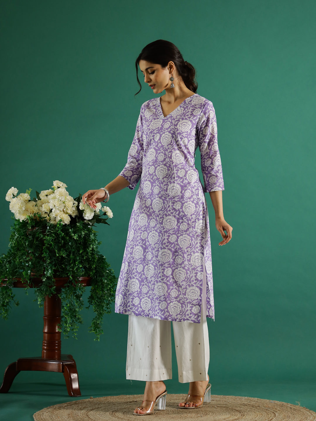 Lavender Flower Printed Cotton Kurta - SanskrutiHomes 