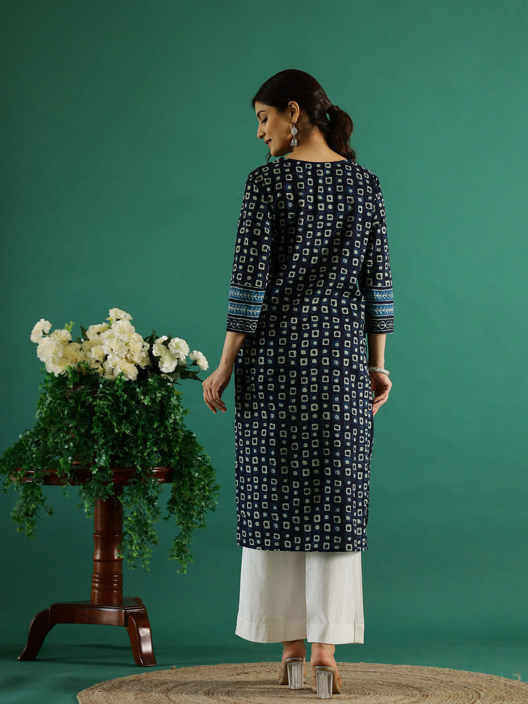 Navy Blue V-Neck Cotton Printed Kurta