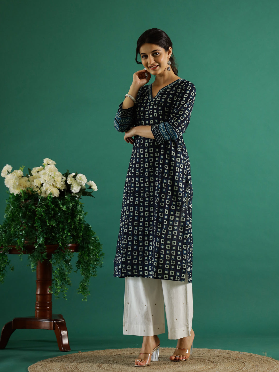 Navy Blue V-Neck Cotton Printed Kurta