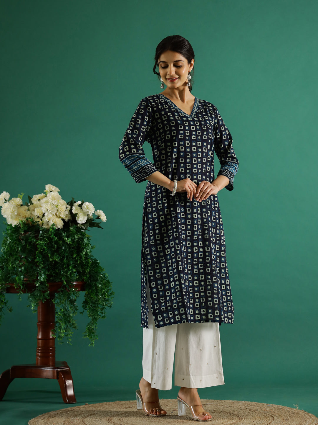 Navy Blue V-Neck Cotton Printed Kurta