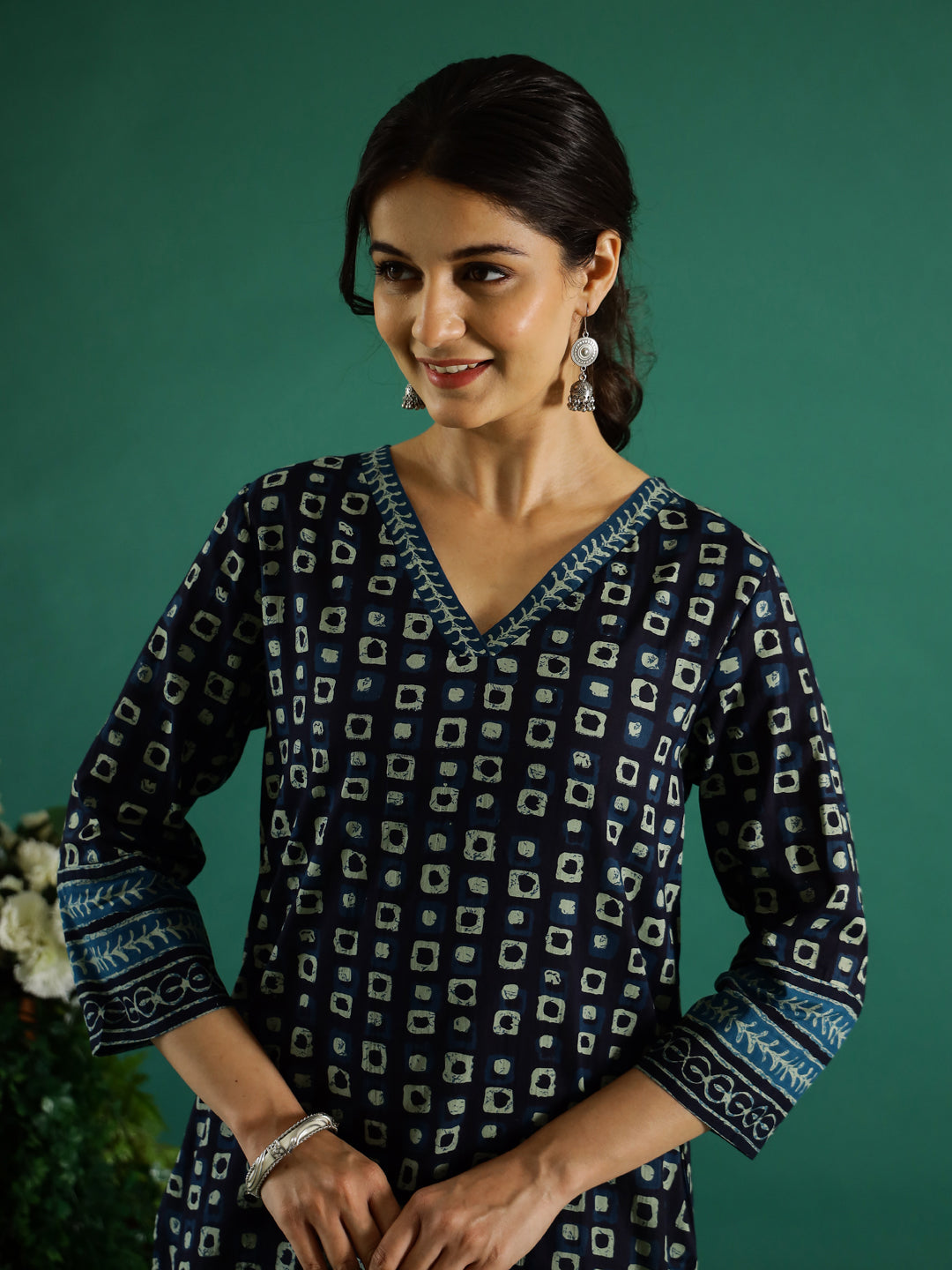 Navy Blue V-Neck Cotton Printed Kurta