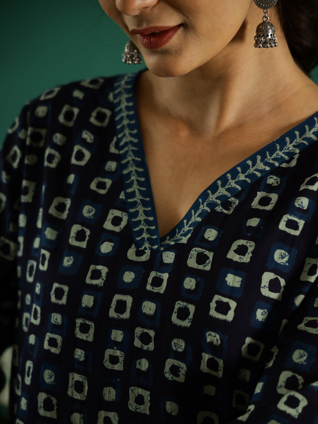 Navy Blue V-Neck Cotton Printed Kurta