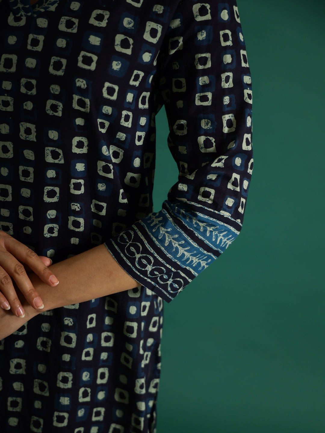 Navy Blue V-Neck Cotton Printed Kurta