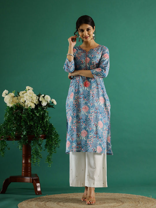 Blue Flower Printed Round Neck Cotton Kurta