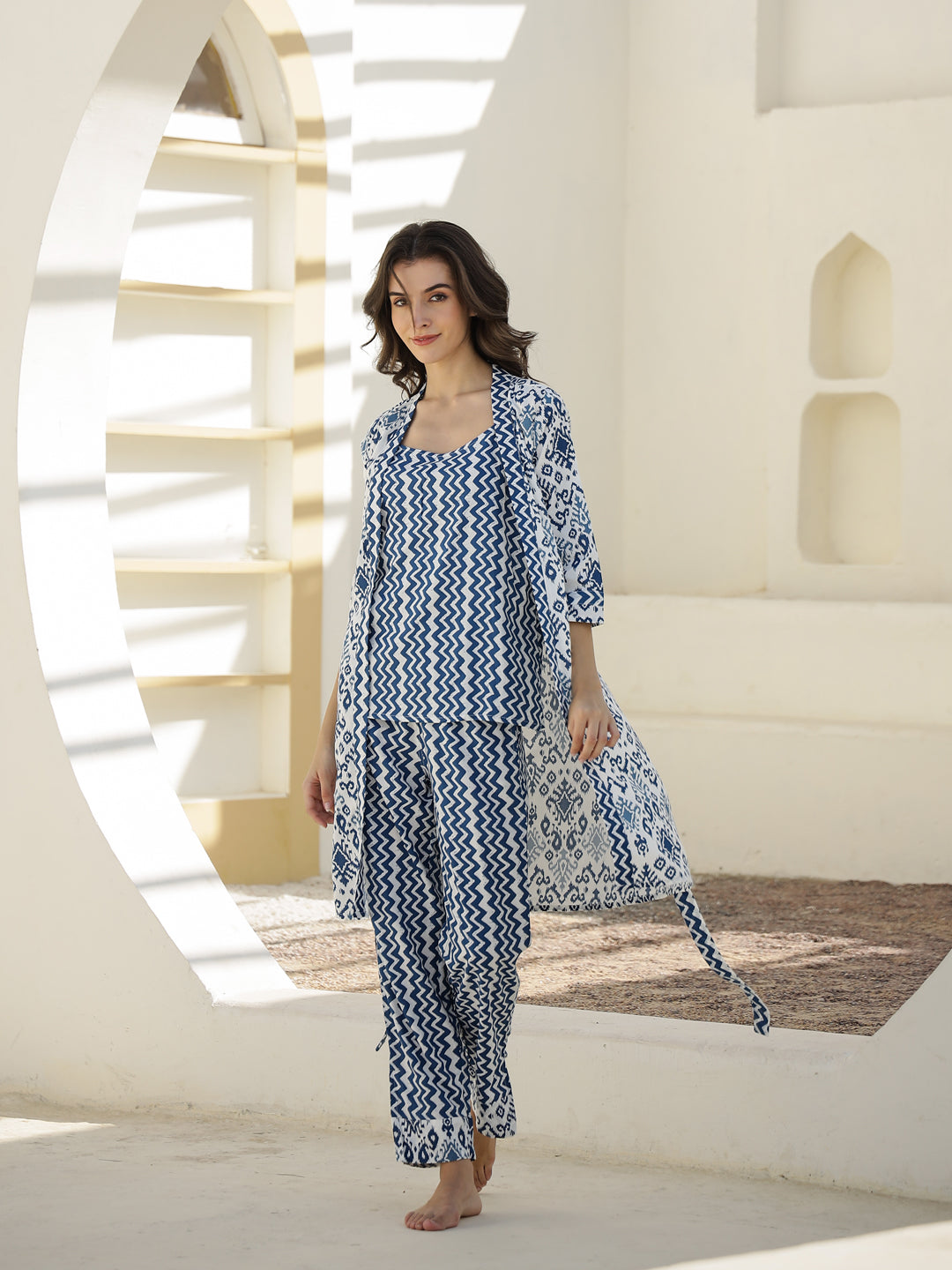 Set Of 3 Geometric Print Night Suit