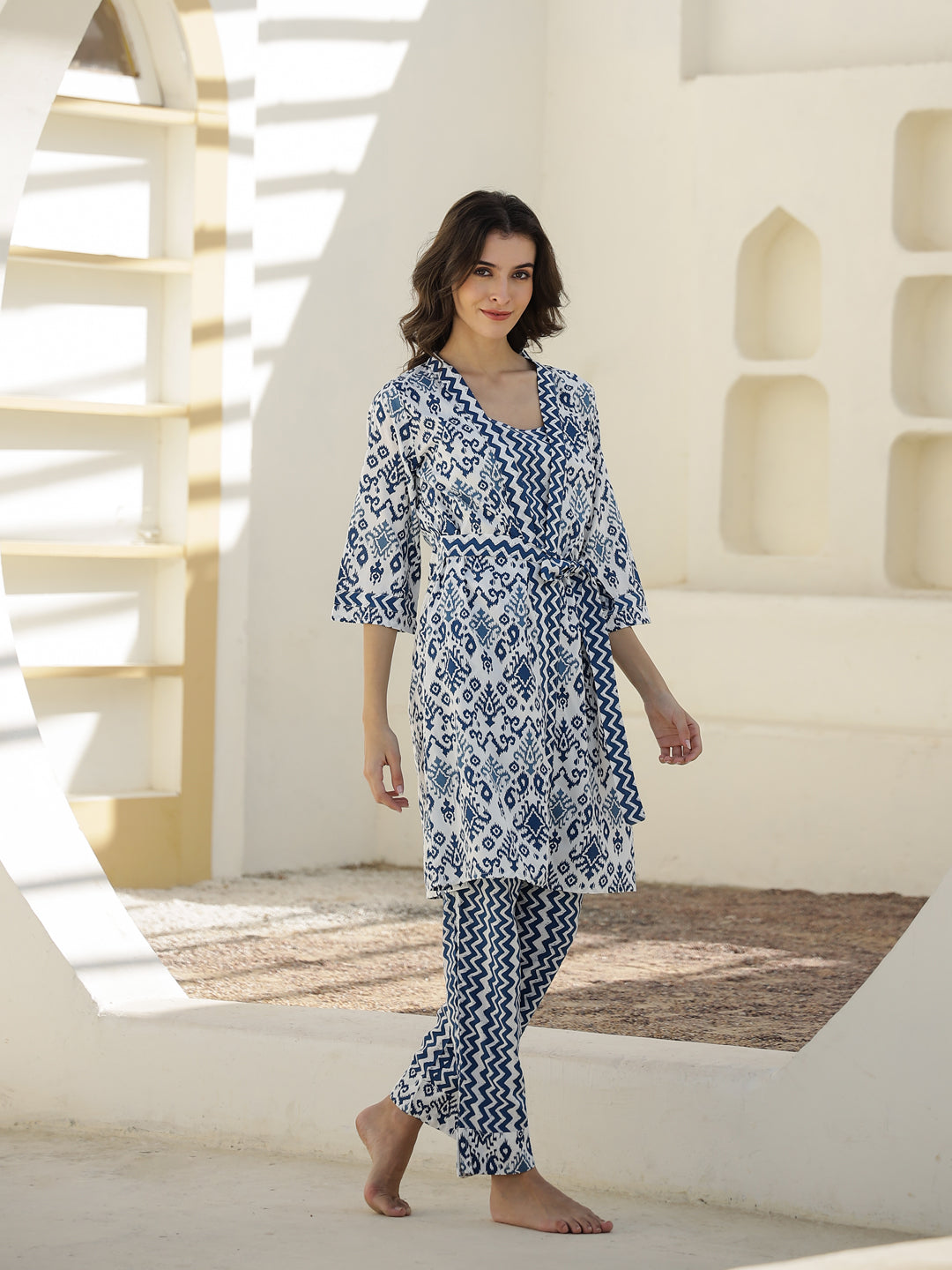 Set Of 3 Geometric Print Night Suit