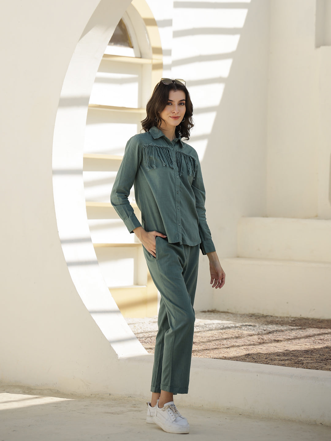 Green Solid Print Cotton Co-Ords Set