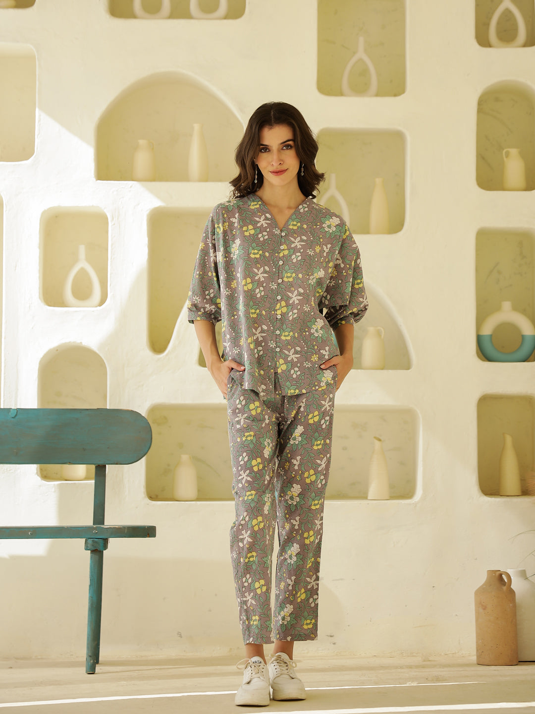 Grey V-Neck Cotton Co-Ords Set