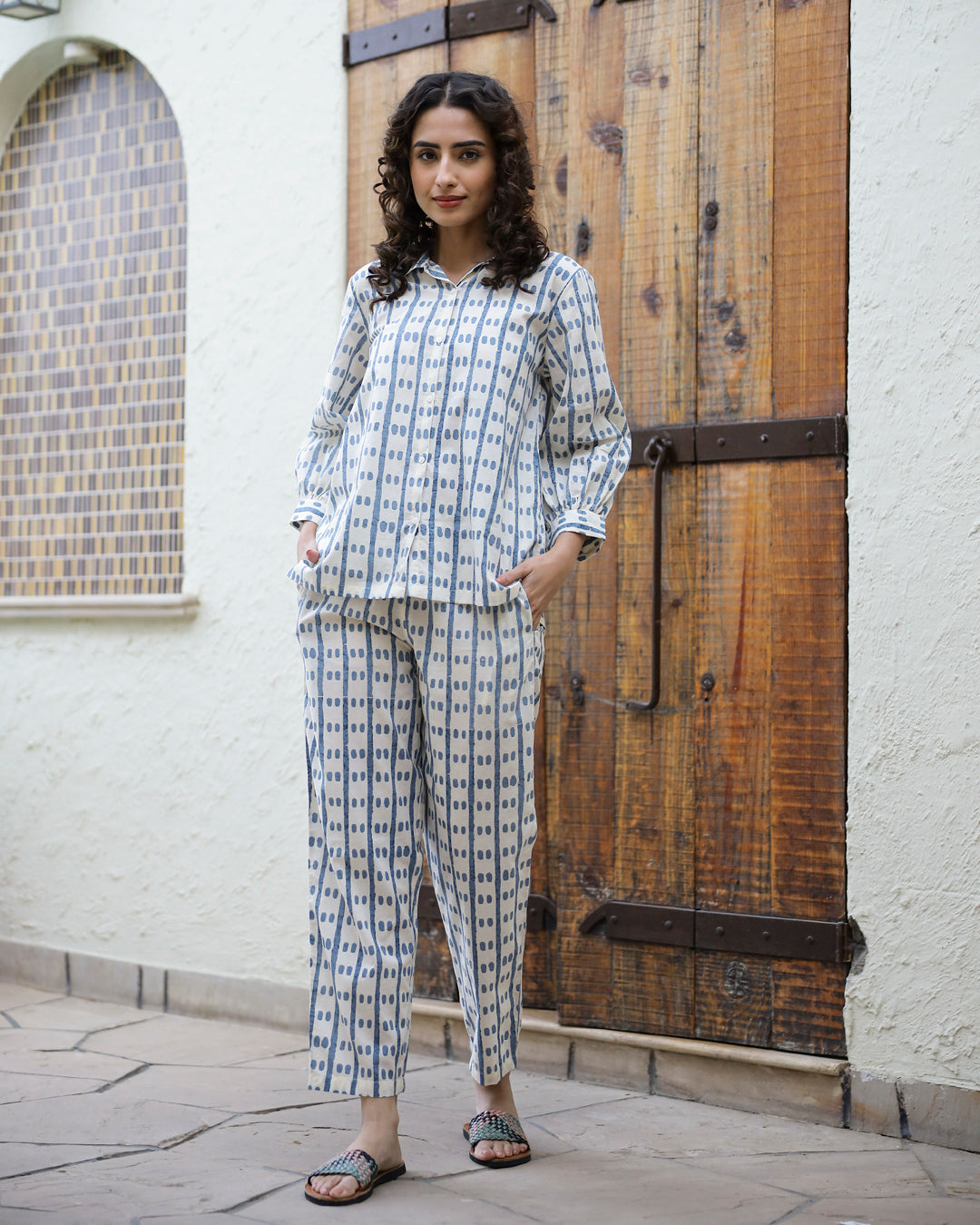 Blue Dotted Row Cotton Night Suit